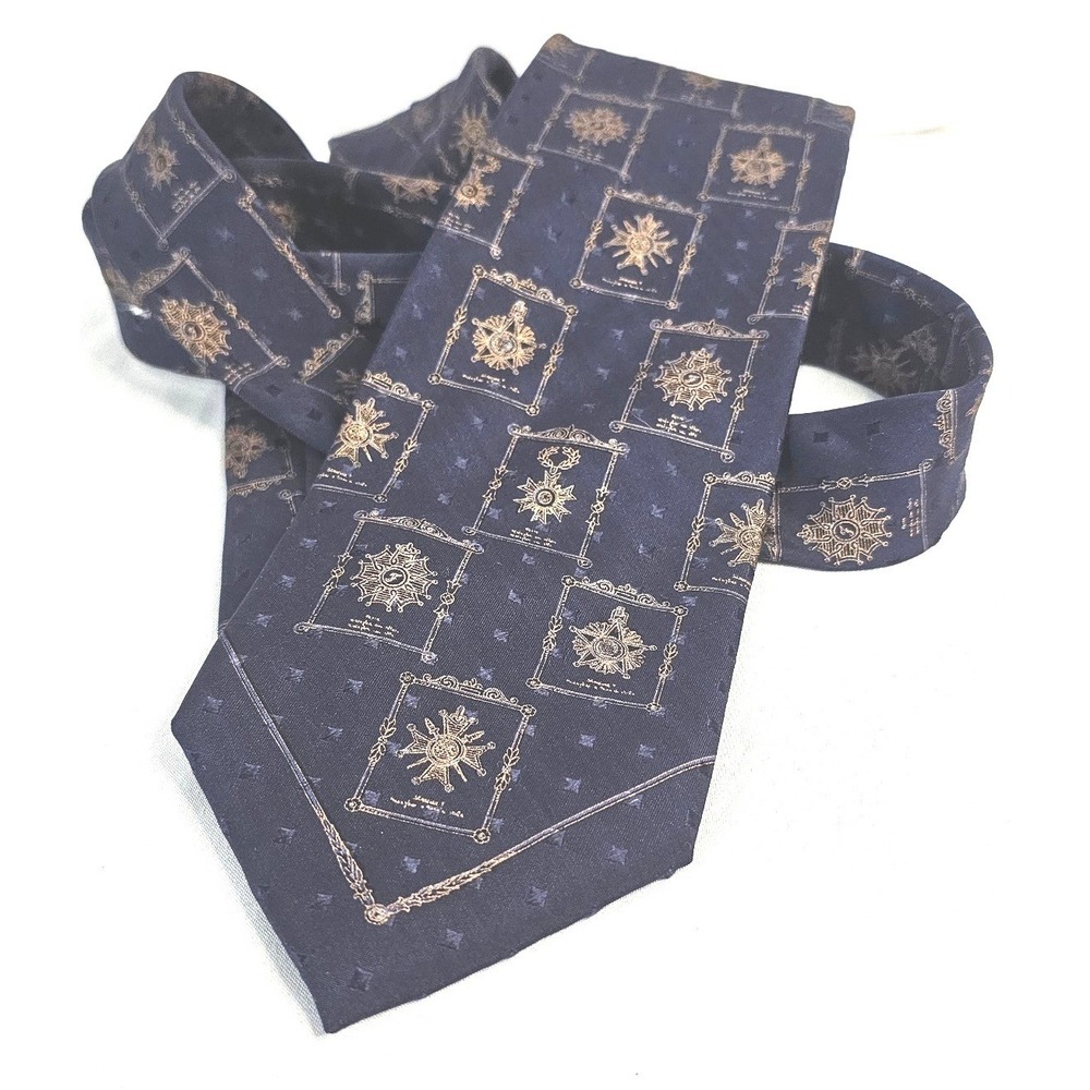 Gianfranco Ferre Mens Silk Tie Navy Blue Gold Celestial Sun Print Made in Italy